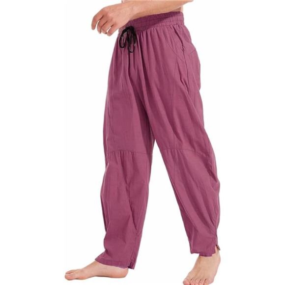 Men's Cotton Linen Pants Elastic Drawstring Waist Lightweight Summer Pants - Picture 3 of 5